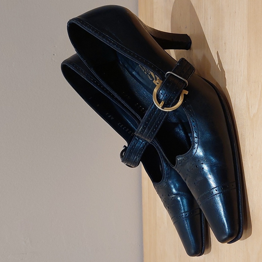 Salvatore Ferragamo Black Leather Mary Jane Heels with Gold Buckle Accent